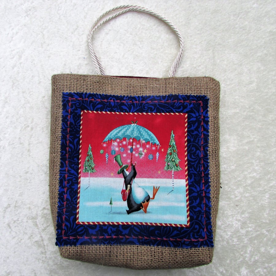 SALE, Christmas gift bag in hessian with fabric panel, penguin with umbrella