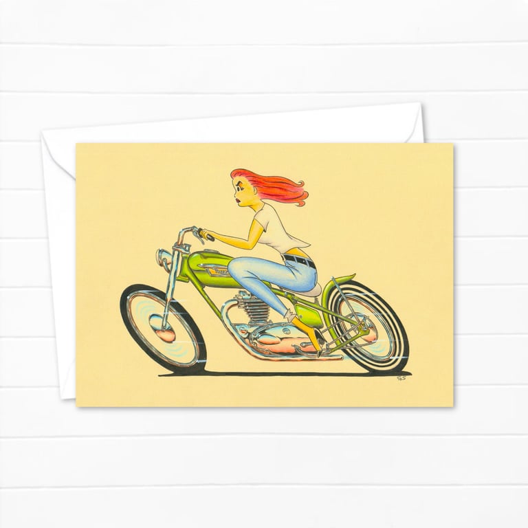 Biker Babe Greetings Card: Hand Drawn Pencil Illustration (306)