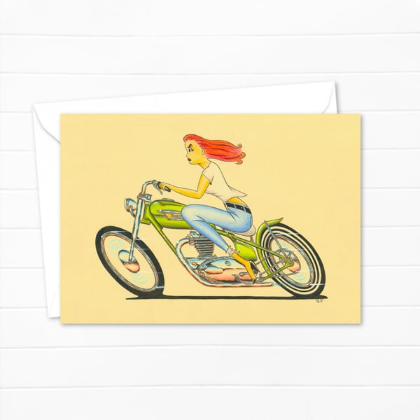 Biker Babe Greetings Card: Hand Drawn Pencil Illustration (306)