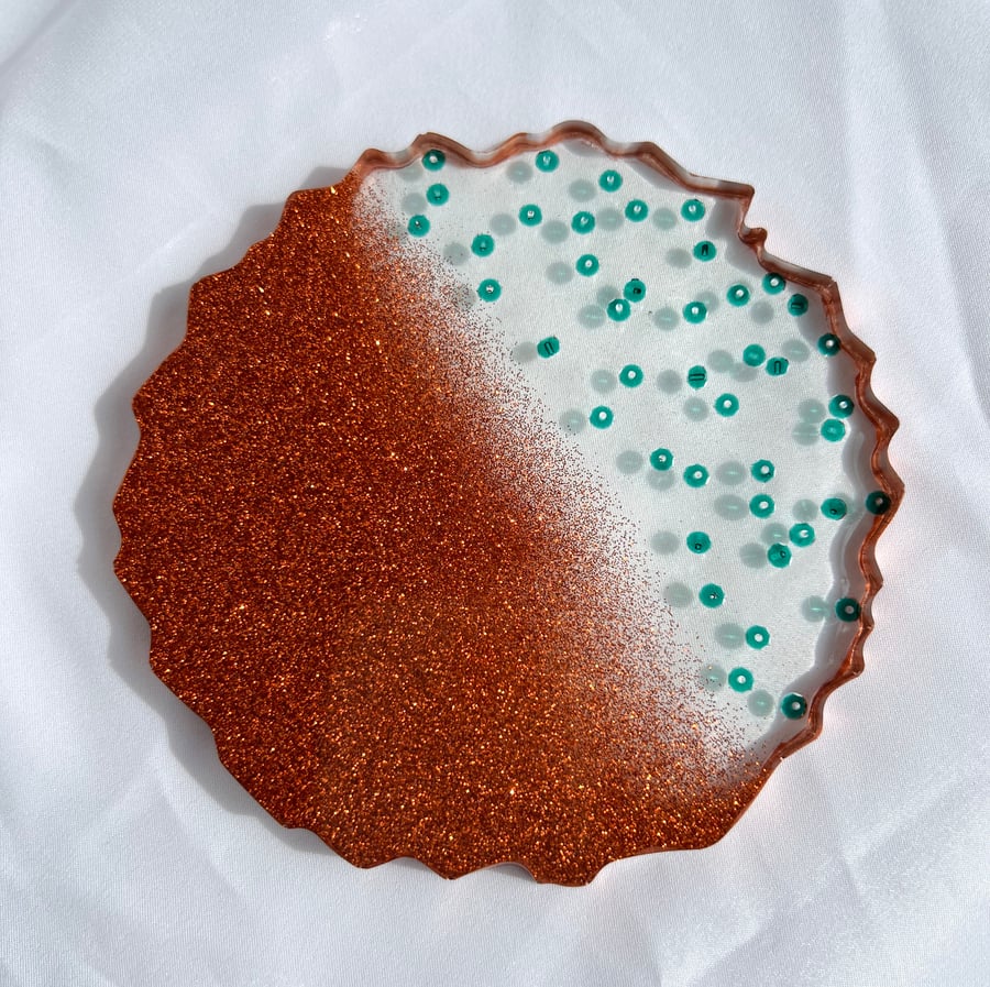 Resin handmade sparkly clear coaster in green and copper
