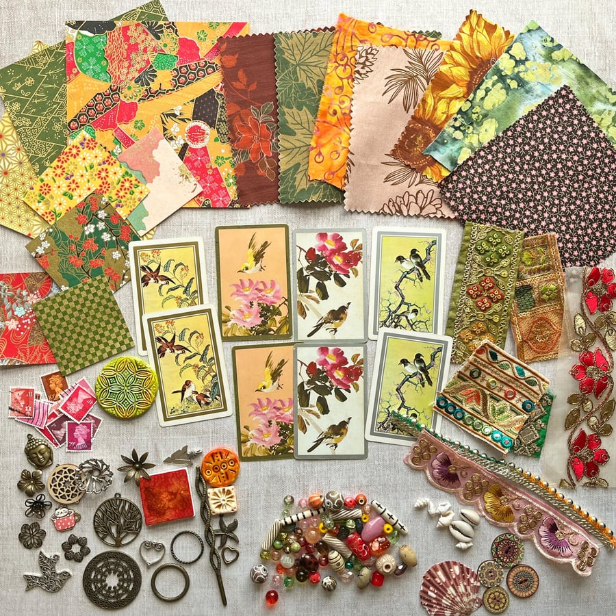 Gift for crafters, bargain mixed media craft material destash, craft kit