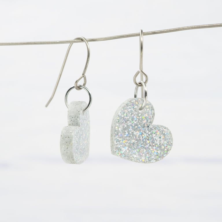 Hypoallergenic titanium ear wires - Holographic glitter heart dangle earrings