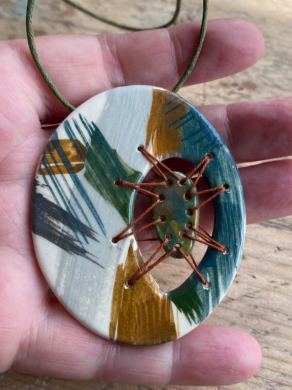 Statement Pendant Necklace Handmade Ceramic with Stitched Element 