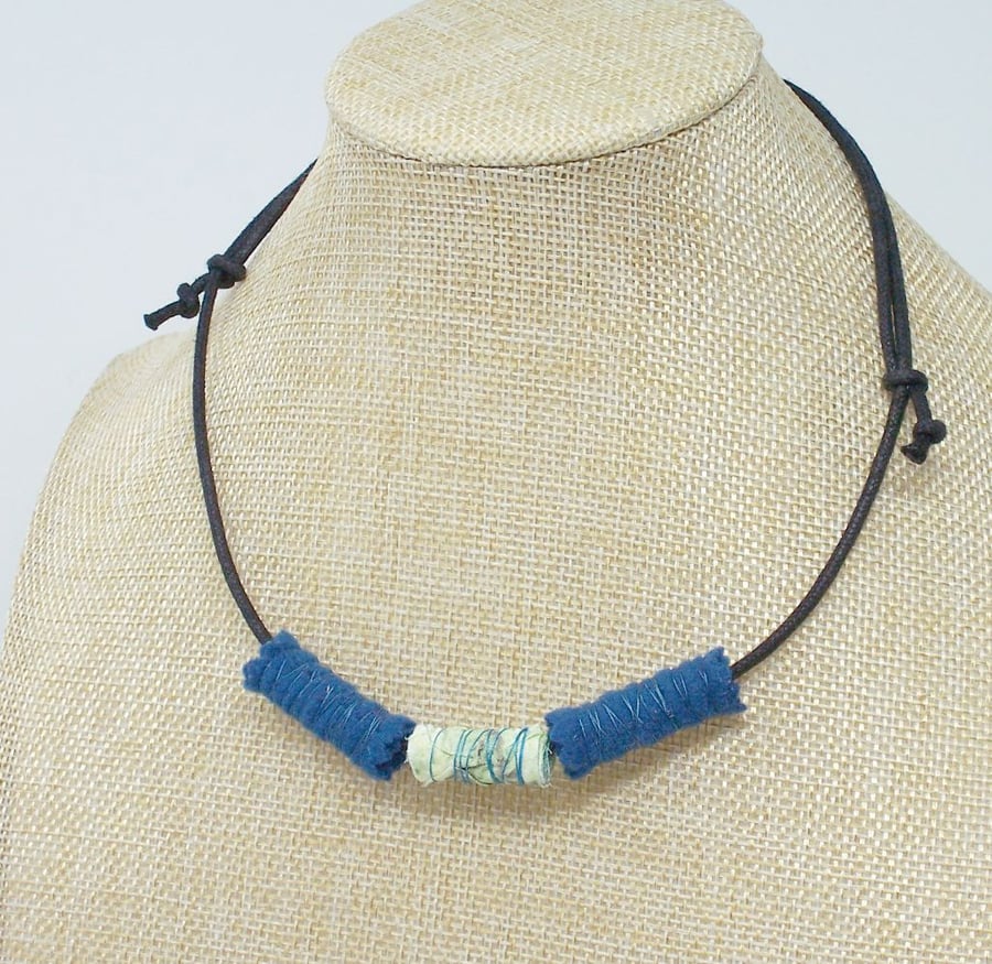 Sold. Fabric bead necklace with waxed cotton cord - Brizo