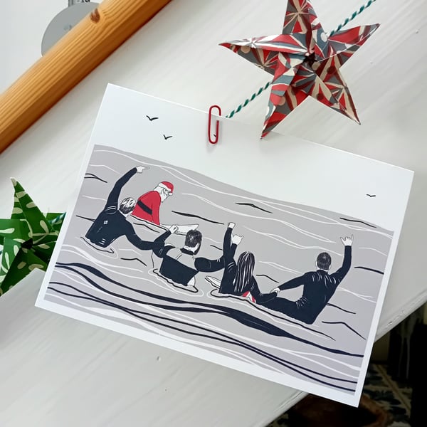 Surfer Christmas Card - surfing, Cornwall, Xmas surf, surfing Santa