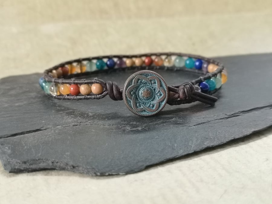 Dainty chakra gemstone and wooden bead leather bracelet with button fastener