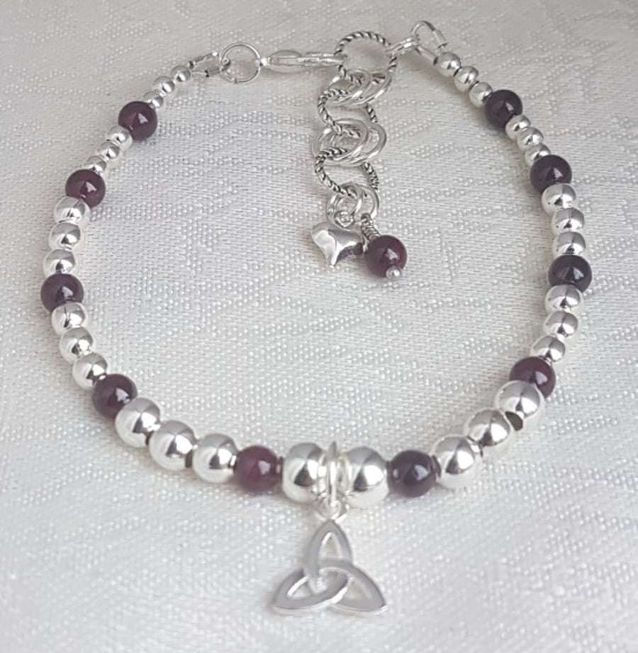 Gorgeous Silver and Garnet bead Bracelet with Triquetra charm