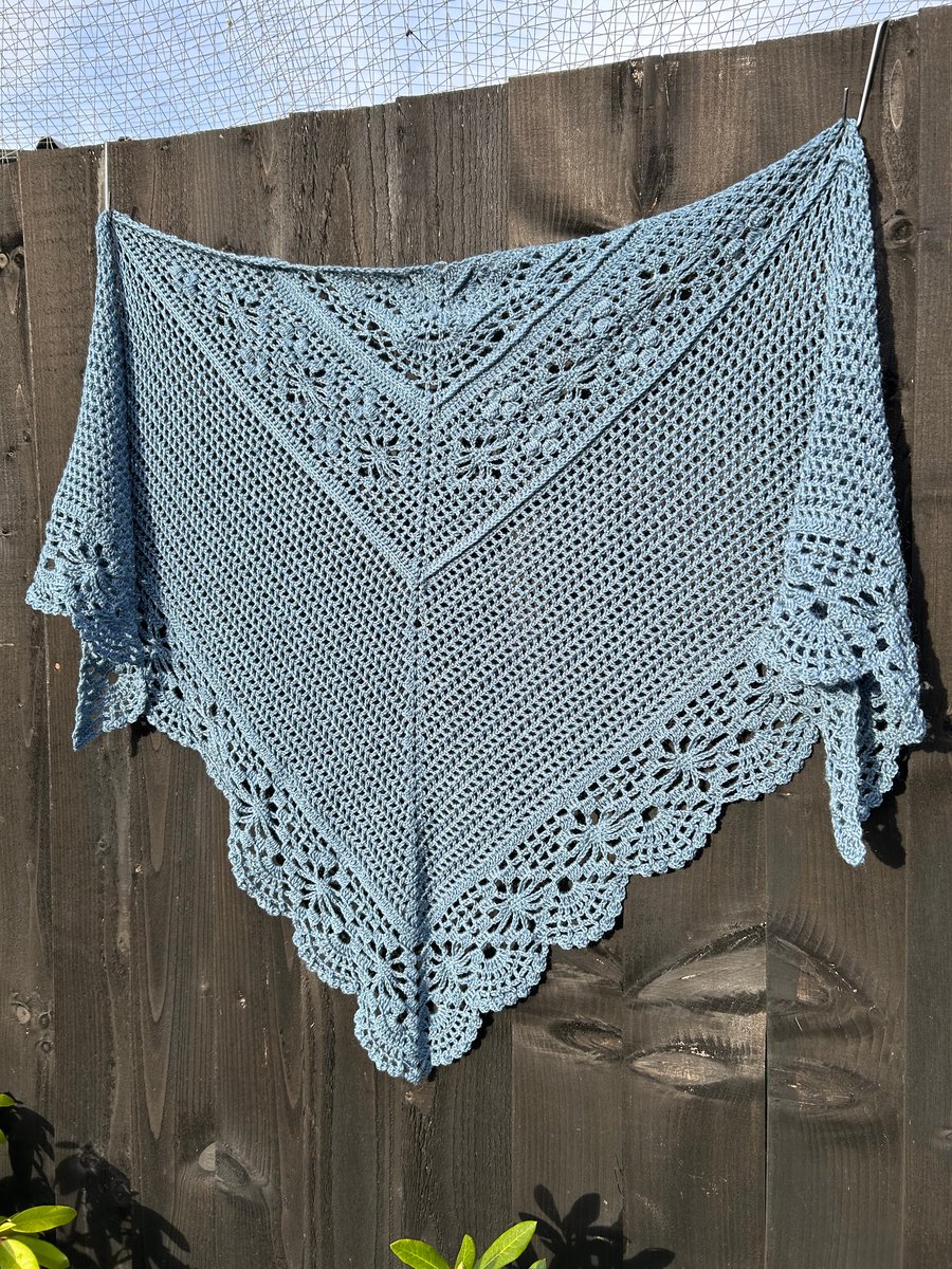 Blue grey alpaca rich lace triangle draping shawl 