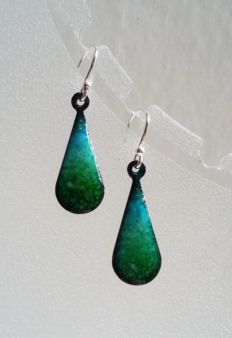 Enamelled copper blue and green teardrop earrings 075