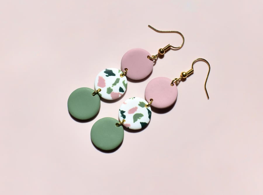 Sage Green and Dusky Pink Dangle Earrings - Polymer Clay Dangle Earrings