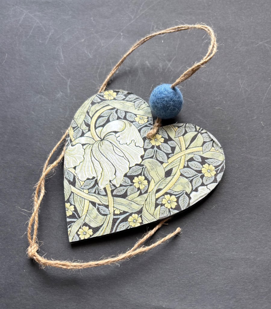 William Morris theme decoupaged wooden hanging heart