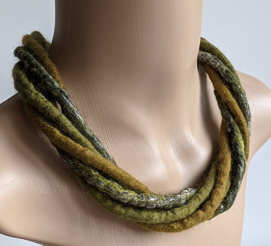 The Chunky Twist: felted cord necklace in shades of olive