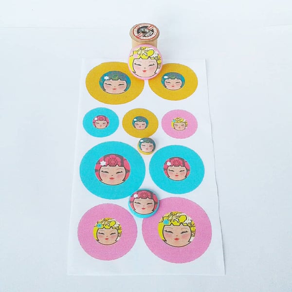 Kokeshi Doll Fabric Panel for Making Covered Buttons, set of 9 Mini Doll Faces