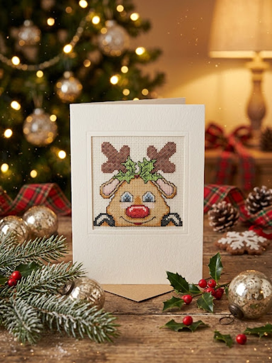 Handmade Reindeer Christmas Card, Hand Stitched Cross Stitch Holiday Card