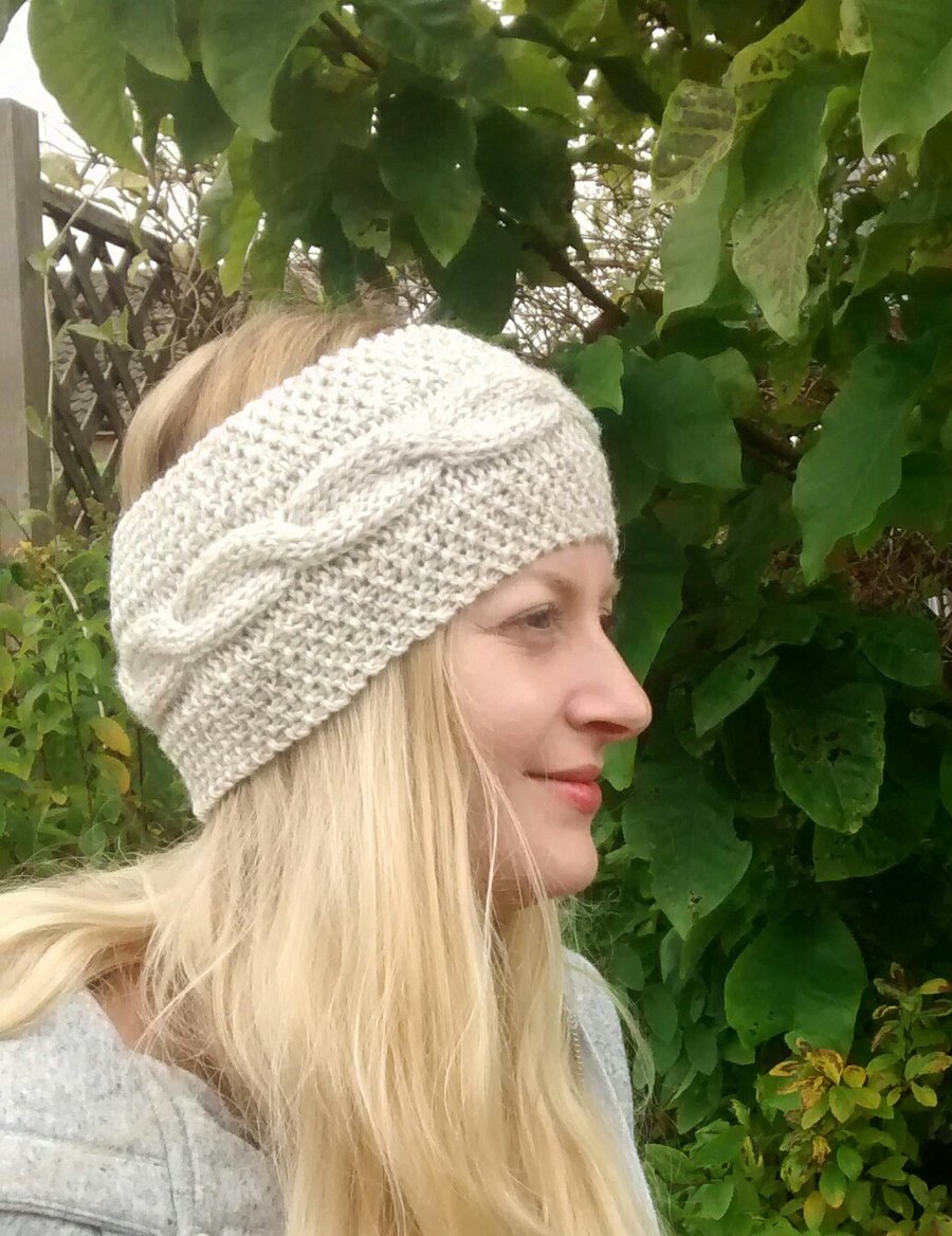 Knitted Cable Headband in Cream Aran, Winter Headband