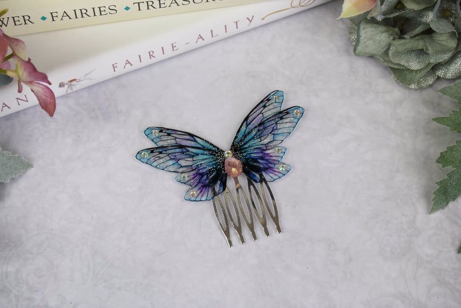 Magical Victorian Style Fairy Hair Comb - Forget-Me-Not Blue and Pink Fairy Wing