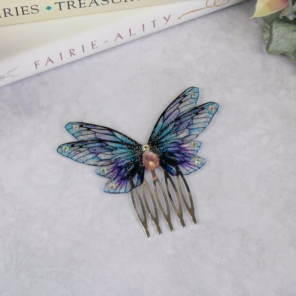 Magical Victorian Style Fairy Hair Comb - Forget-Me-Not Blue and Pink Fairy Wing
