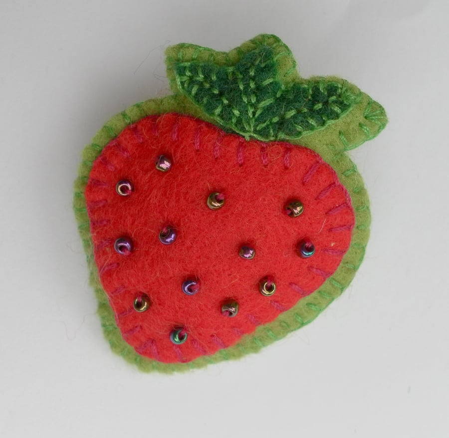 Brooch, Beaded, Felt, Strawberry Badge, Corsage, Hand Made