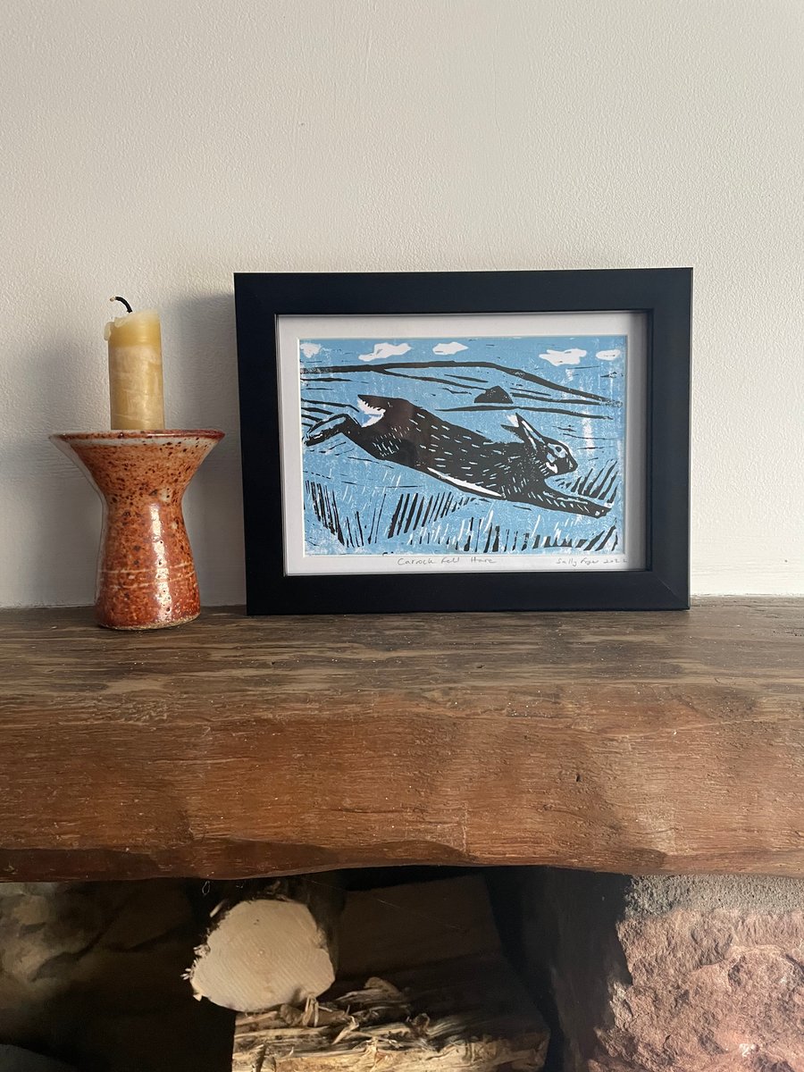 Blue Hare Hand Printed Lino Cut  FRAMED ORIGINAL PRINT 