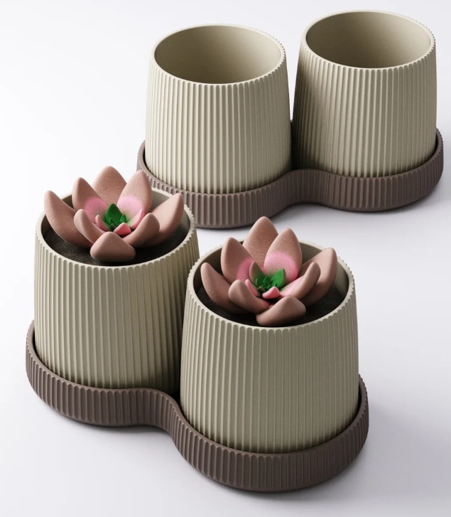 Twin Ribbed Planter Set with Matching Tray Modern Minimalist Plant Pots