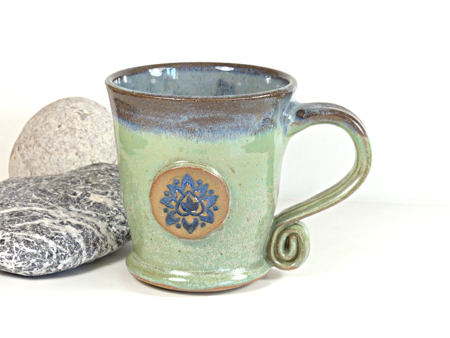 Large Blue Lotus Flower -  Green Mug,  Ceramic Pottery Stoneware UK Wheelthrown 