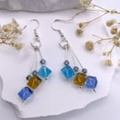 Blue Cube Glass and Silver Boho Drop Earrings