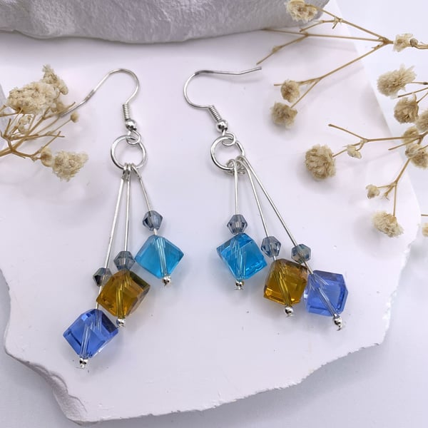 Blue Cube Glass and Silver Boho Drop Earrings