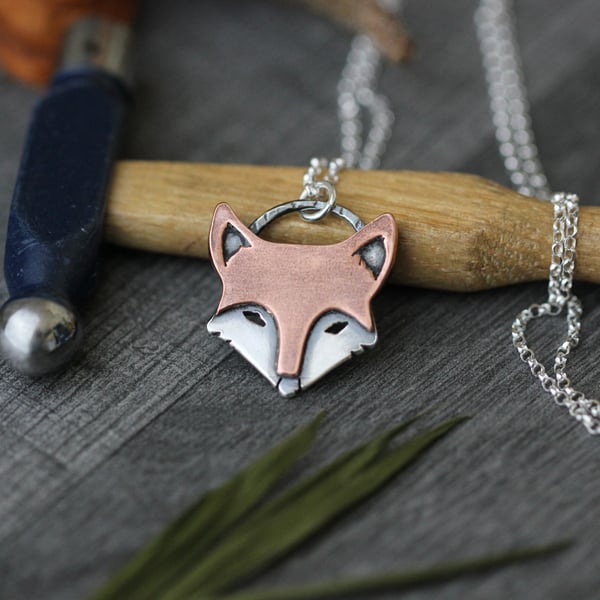 Sterling silver and copper fox necklace - Made to order