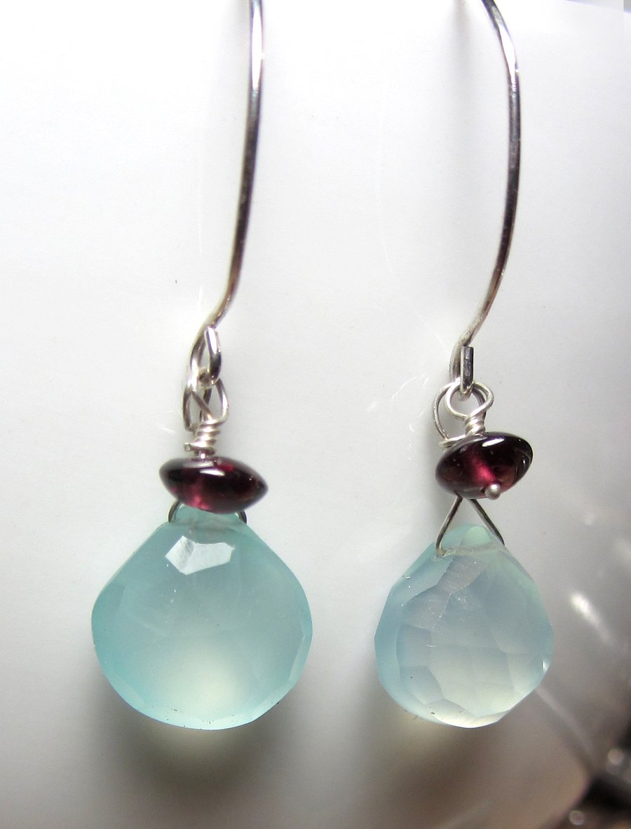 Aqua blue Chalcedony drop earrings with red garnet in sterling silver 925, tear 