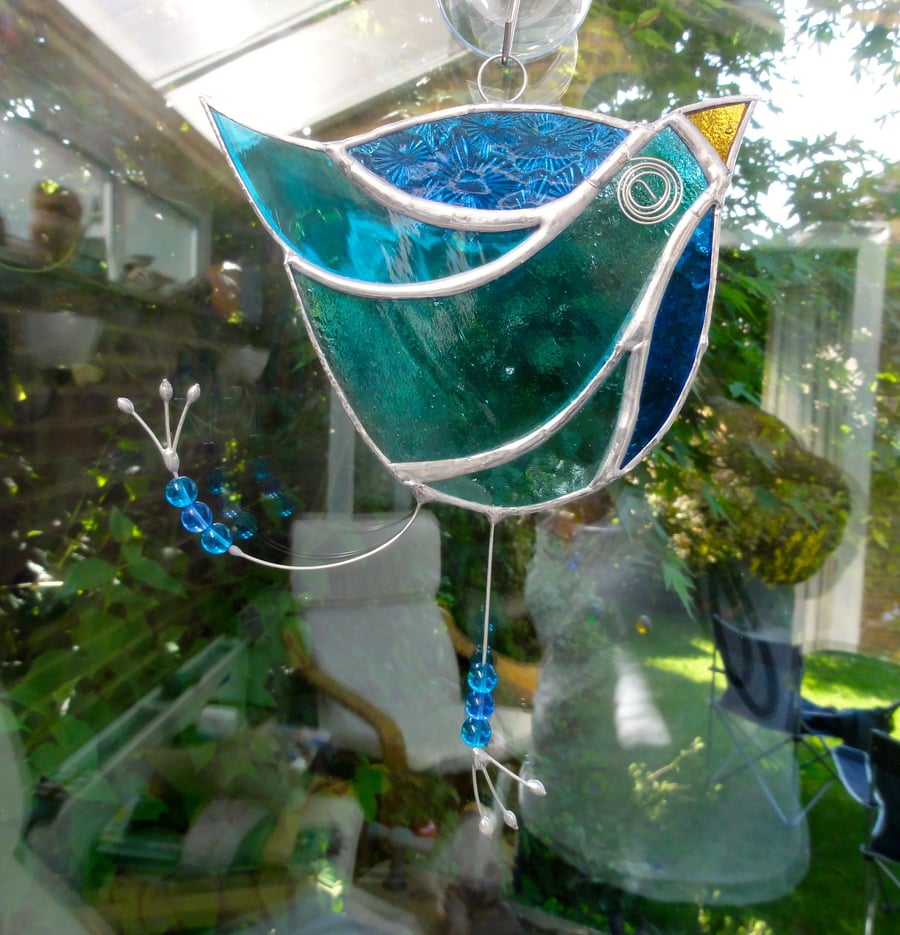 Stained Glass Funky Bird Suncatcher  - Turquoise  