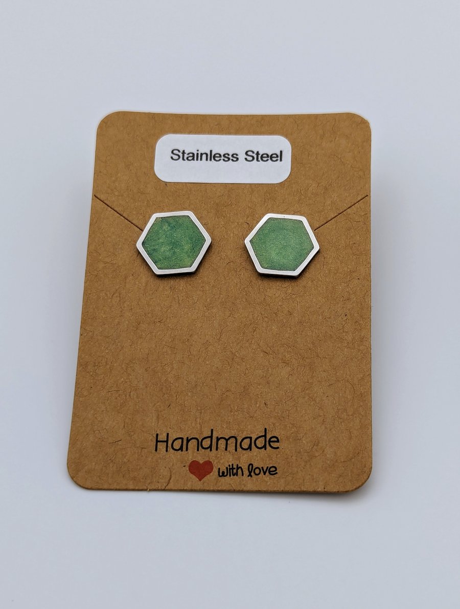 Golden Green Hexagon Stud Earrings Stainless Steel Resin Filled Jewellery Gift