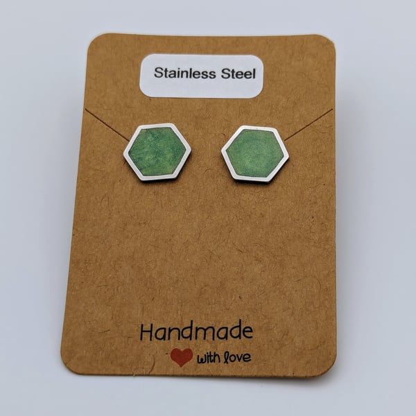 Golden Green Hexagon Stud Earrings Stainless Steel Resin Filled Jewellery Gift