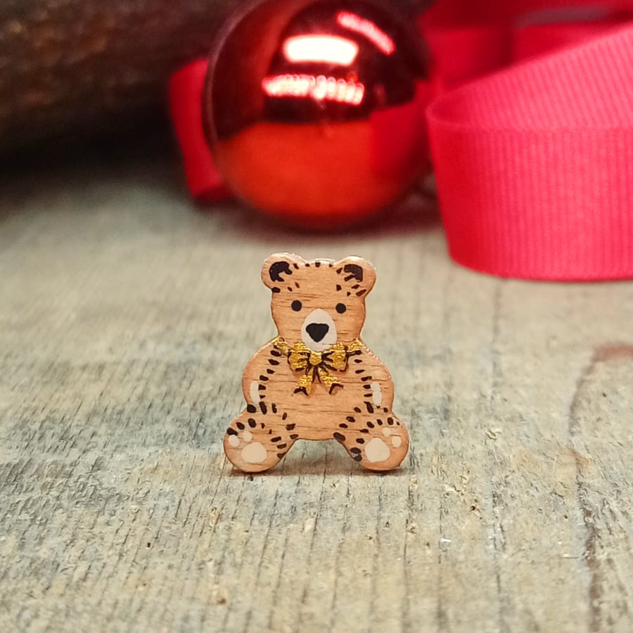 Personalised Christmas Teddy Bear Pin, Gold Bow, Handmade Christmas Gift