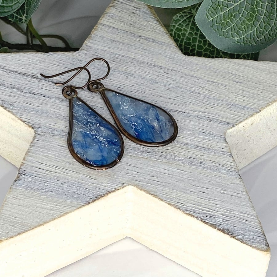 Earrings, Copper and Denim Blue Marbled Clay Teardrops.