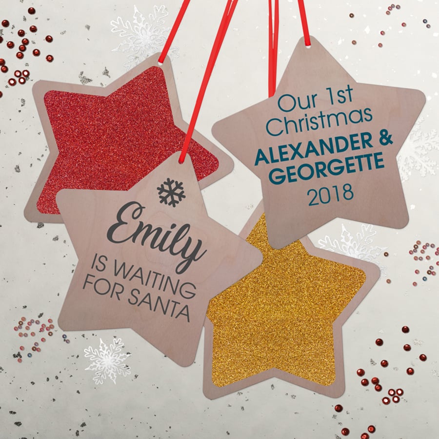 Personalised Christmas Star Tree Decorations, various designs & colours