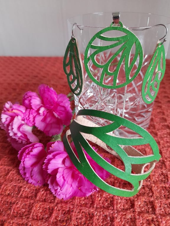 Green Leather Jewellery Set. 'Dragonfly'. Cuff,  Necklace and  Earrings 