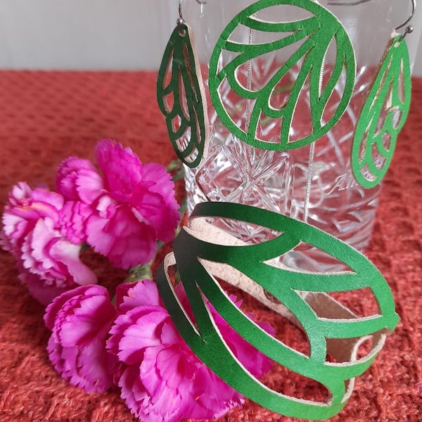 Green Leather Jewellery Set. 'Dragonfly'. Cuff,  Necklace and  Earrings 