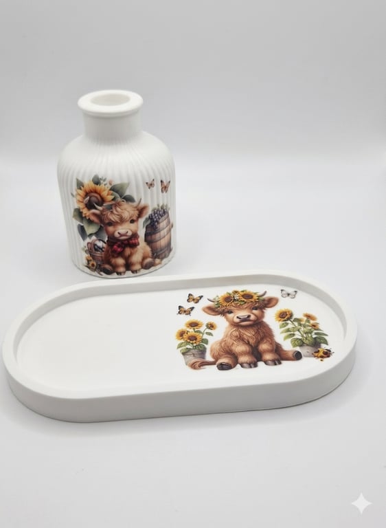Highland Cow Vase & Tray Set - Scottish Sunflower Home Decor - Handmade Gift