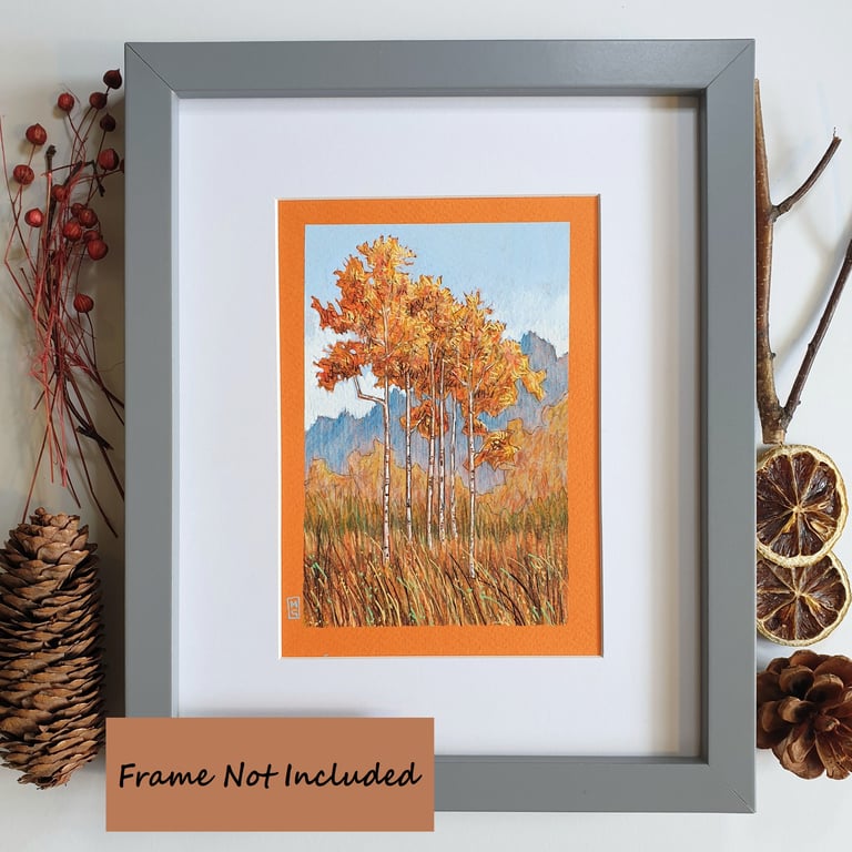 Autumn landscape with blue sky original drawing, small wall art