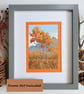 Autumn landscape with blue sky original drawing, small wall art