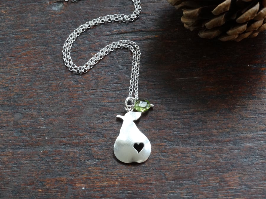 Pear and peridot pendant in recycled silver