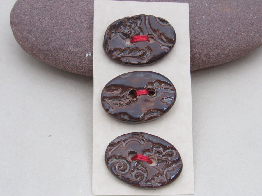 3 Medium Oval Dark Amethyst Brocade Pattern Ceramic Buttons