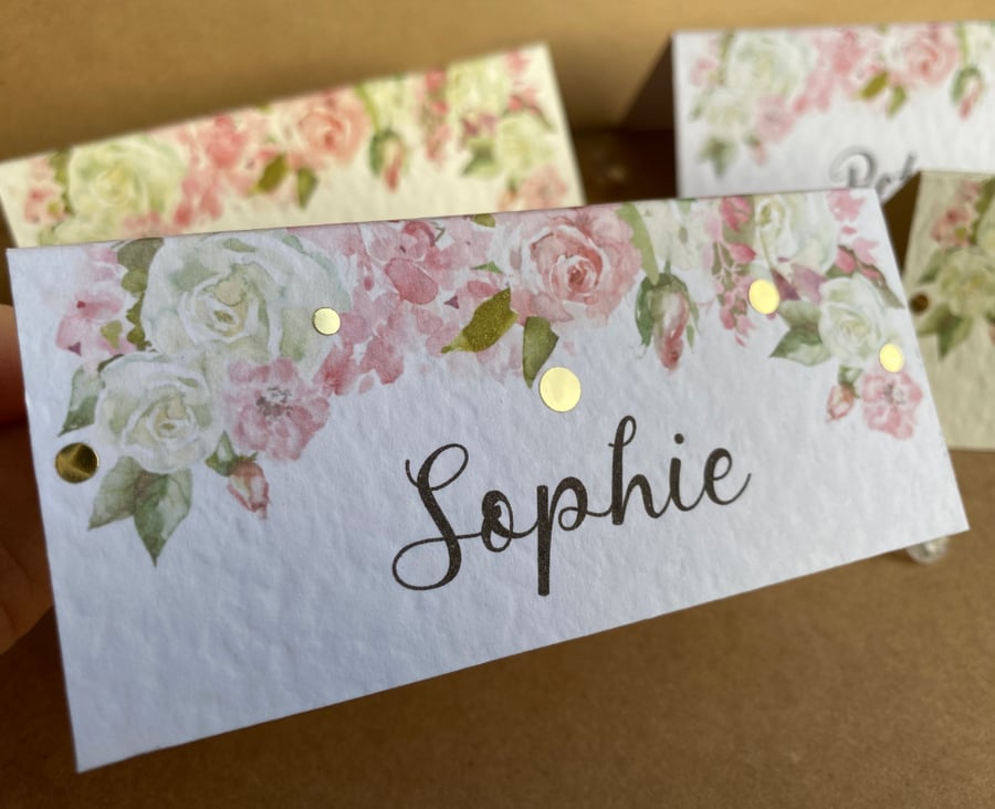 6 x place CARDS pink white ROSES wreath personalised name Wedding table setting