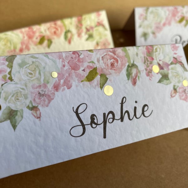 6 x place CARDS pink white ROSES wreath personalised name Wedding table setting