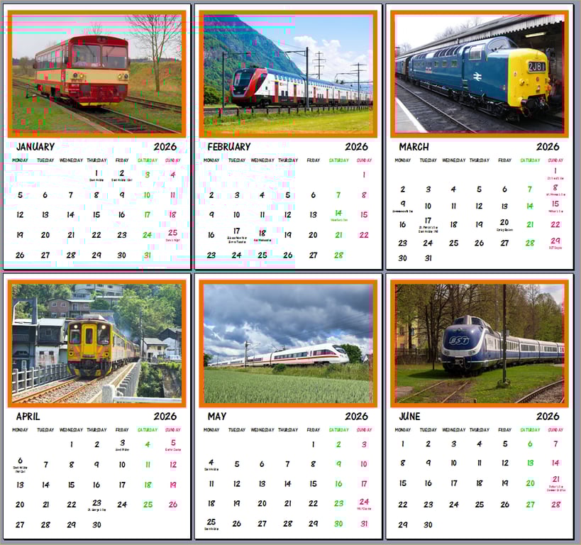 2026 A4 Calendar Modern Trains Themed  