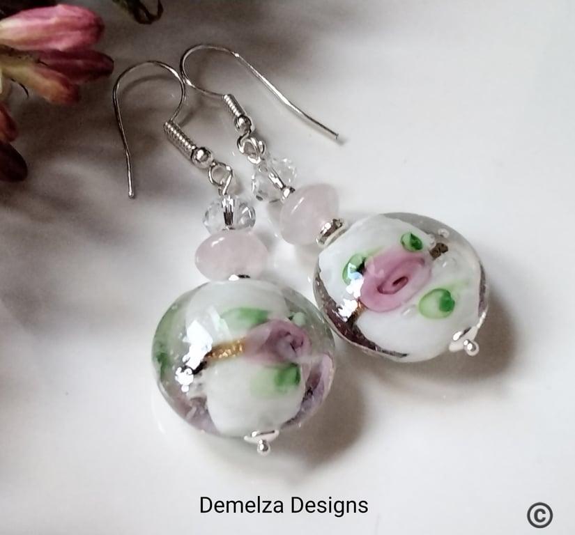 Murano Glass & Rose Quartz, Crystal Silver Plated Earrings