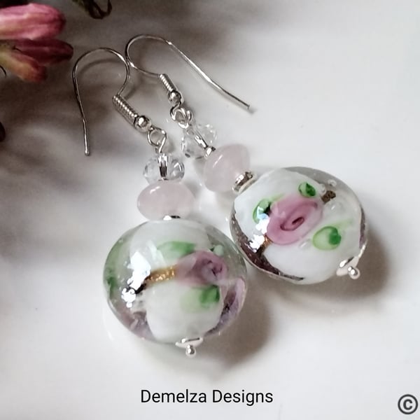 Murano Glass & Rose Quartz Silver Plated Earrings