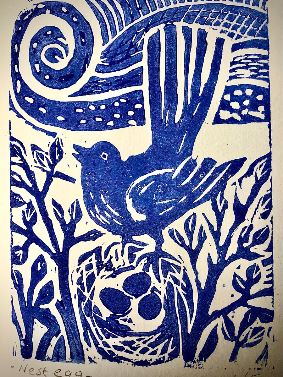 Nest Egg. Lino print card.