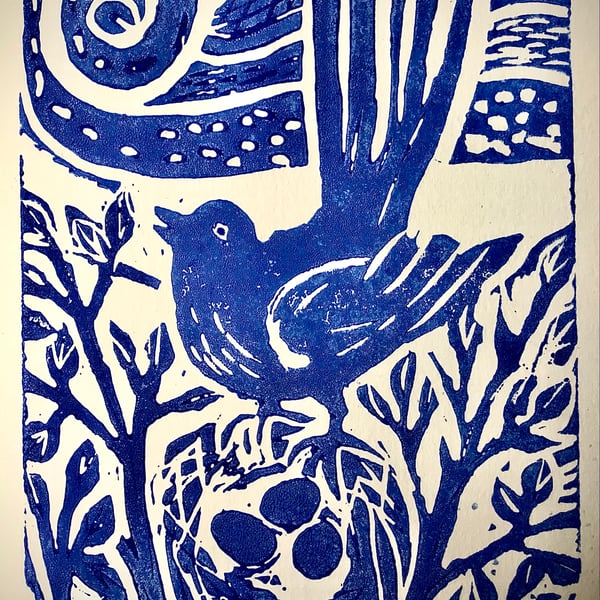 Nest Egg. Lino print card.