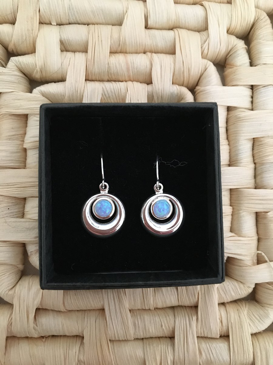 Delightfully Dainty Double Circle Drop Earrings with Faux Opal Centres